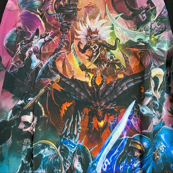 Heroes of the Storm Printed Chiffon Boatneck Raglan Black Knit Sweater Medium - Picture 4 of 13